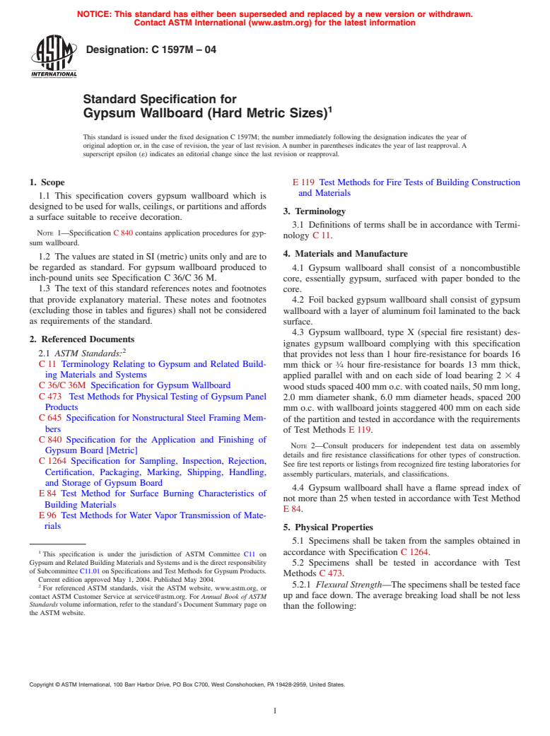 ASTM C1597M-04 - Standard Specification for Gypsum Wallboard (Hard Metric Sizes)