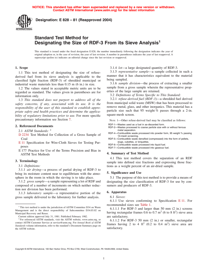 ASTM E828-81(2004) - Standard Test Method for Designating the Size of RDF-3 From its Sieve Analysis