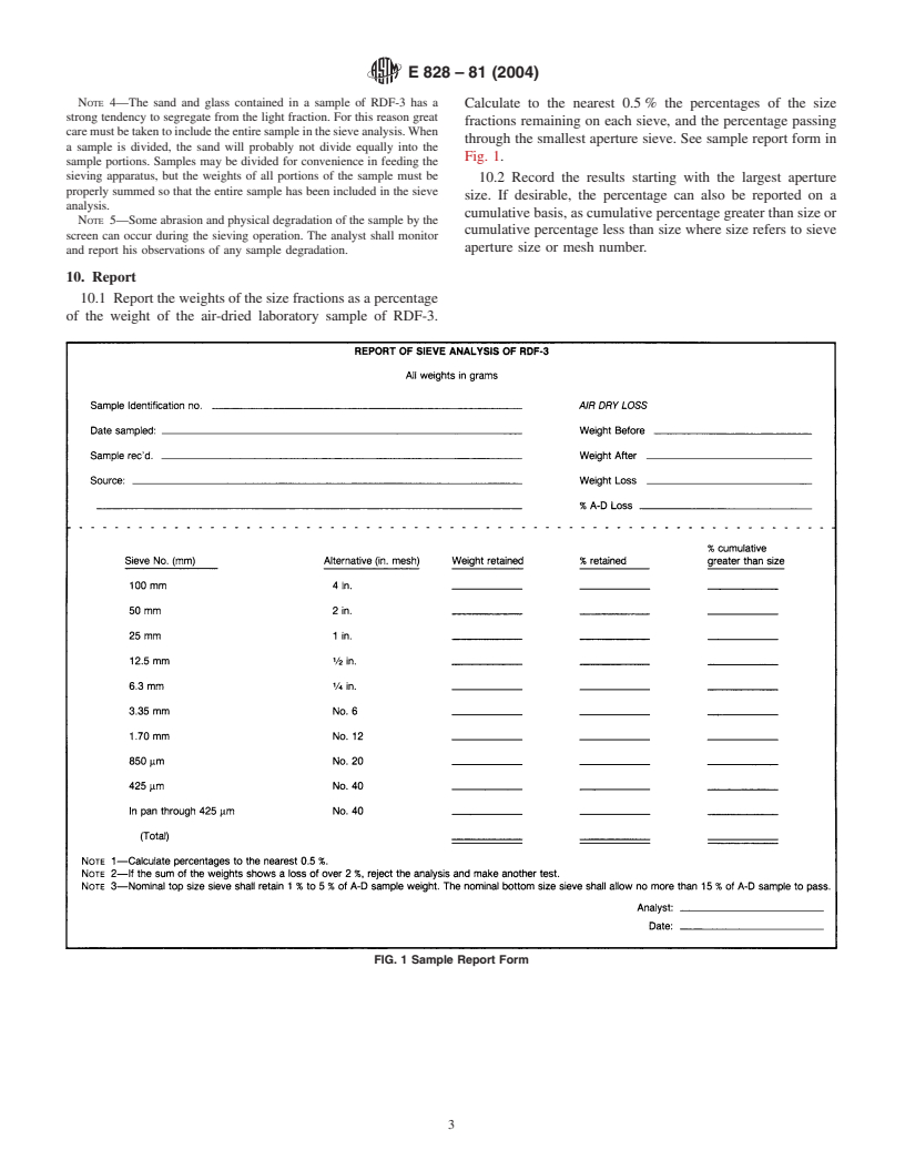 ASTM E828-81(2004) - Standard Test Method for Designating the Size of RDF-3 From its Sieve Analysis