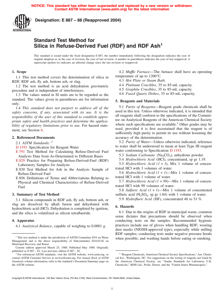 ASTM E887-88(2004) - Standard Test Method for Silica in Refuse-Derived Fuel (RDF) and RDF Ash