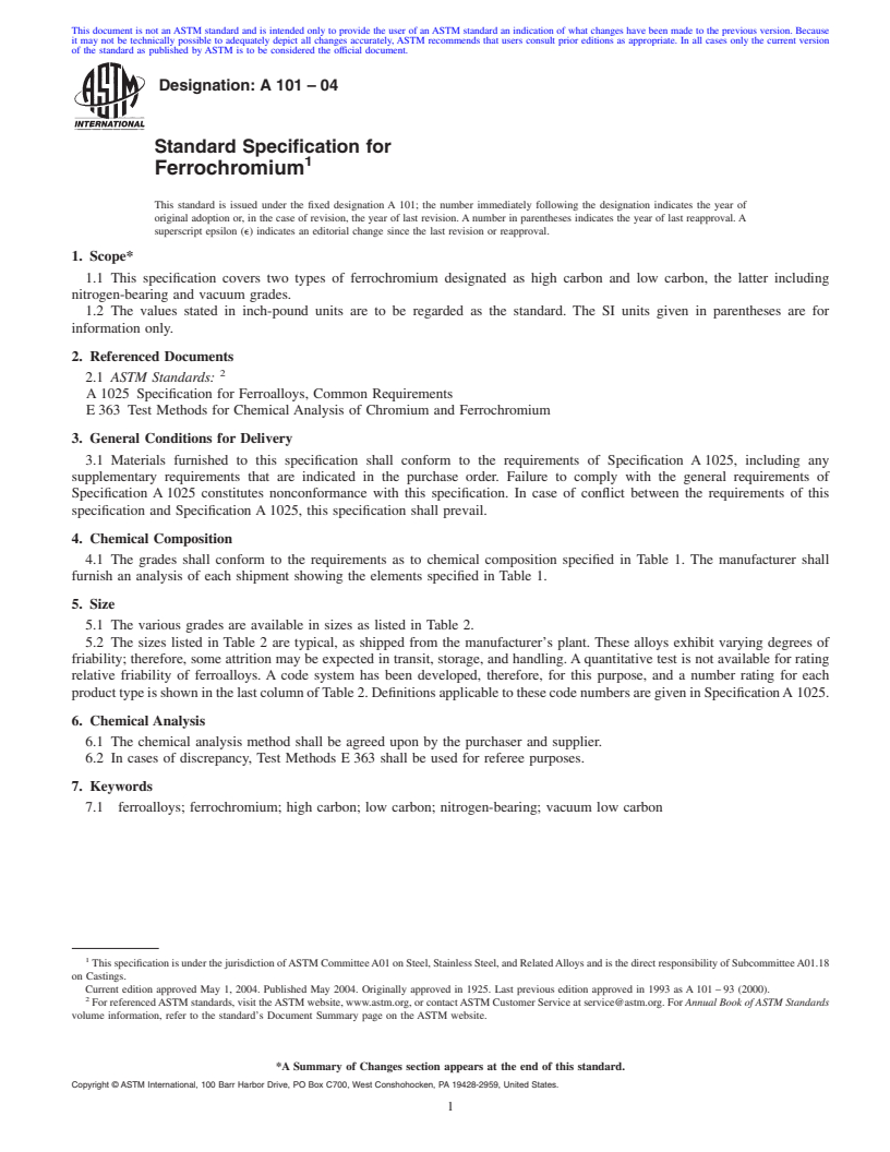 REDLINE ASTM A101-04 - Standard Specification for Ferrochromium