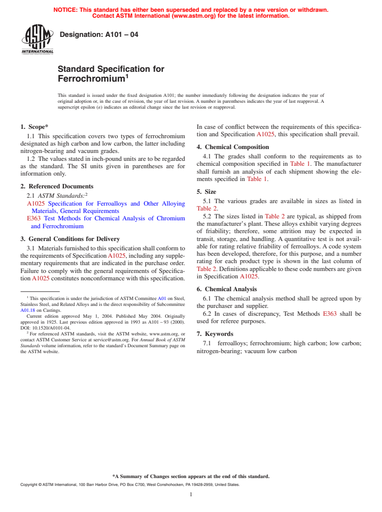 ASTM A101-04 - Standard Specification for Ferrochromium