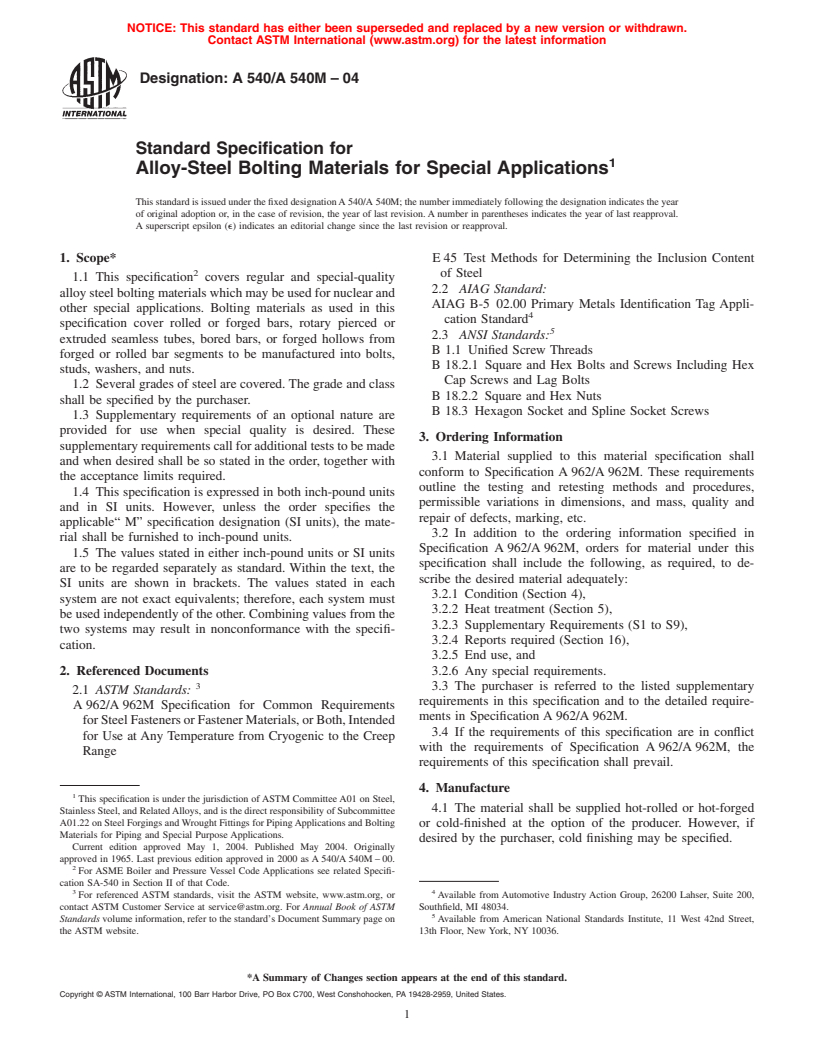 ASTM A540/A540M-04 - Standard Specification for Alloy-Steel Bolting Materials for Special Applications