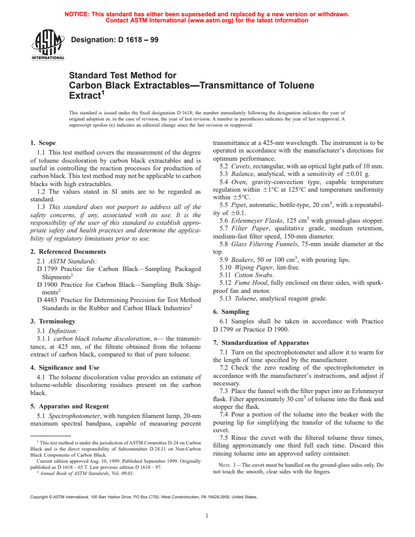 ASTM D1618-99 - Standard Test Method for Carbon Black Extractables-Transmittance of Toluene Extract