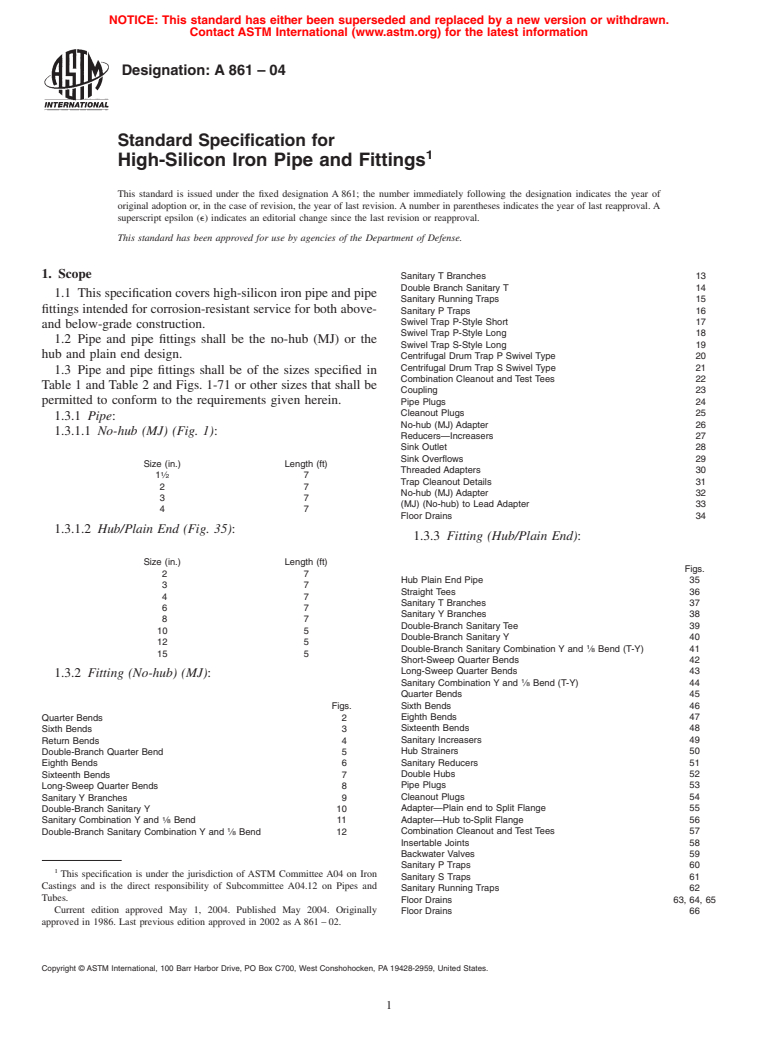 ASTM A861-04 - Standard Specification for High-Silicon Iron Pipe and Fittings