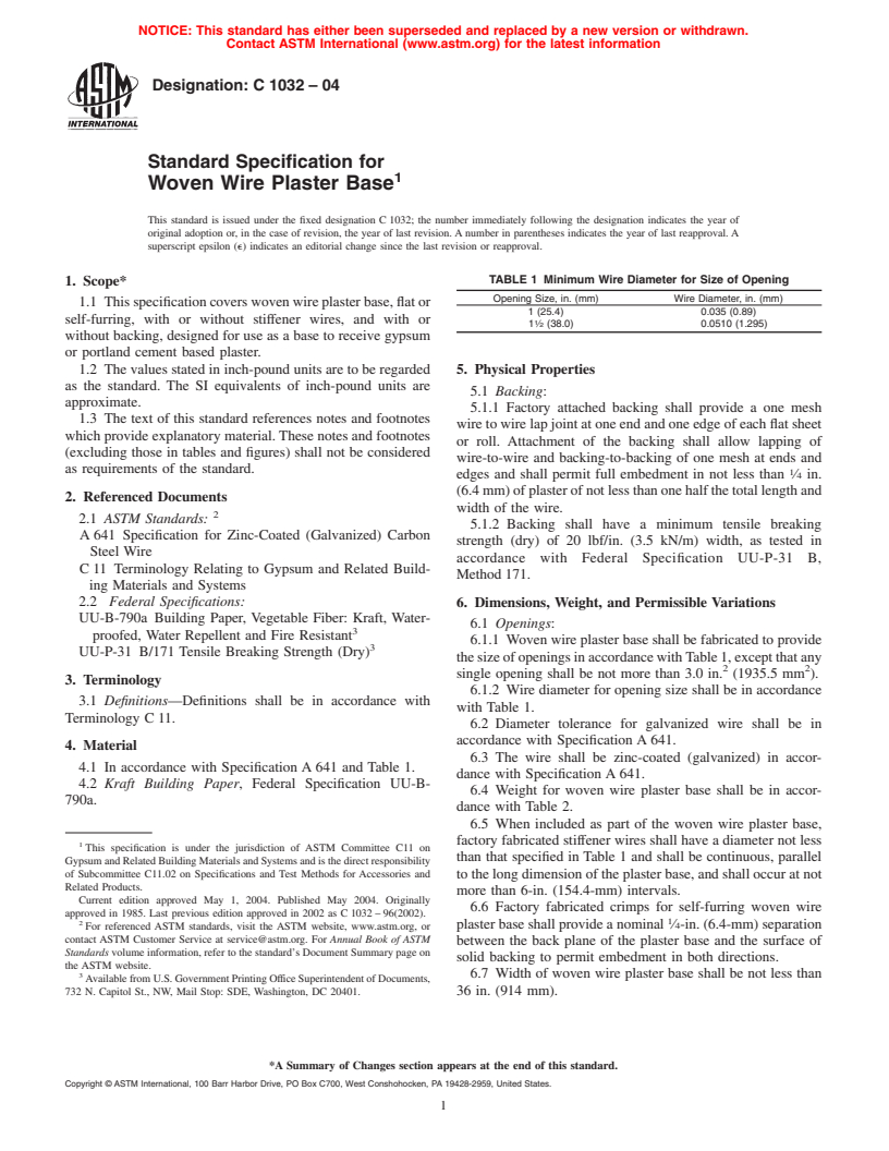 ASTM C1032-04 - Standard Specification for Woven Wire Plaster Base