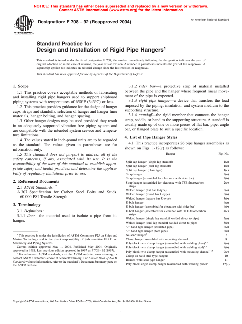 ASTM F708-92(2004) - Standard Practice for Design and Installation of Rigid Pipe Hangers
