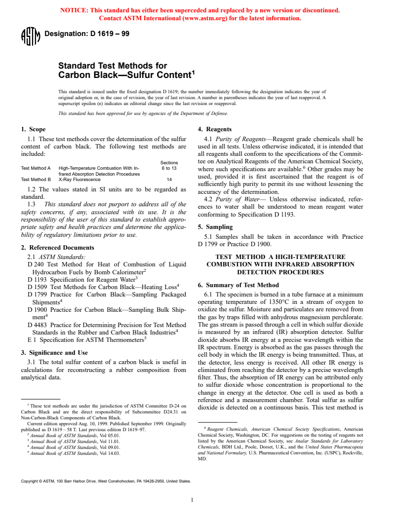 ASTM D1619-99 - Standard Test Methods for Carbon Black-Sulfur Content