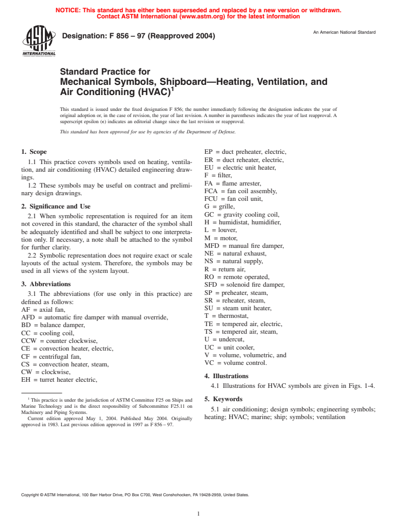 ASTM F856-97(2004) - Standard Practice for Mechanical Symbols, Shipboard&#8212;Heating, Ventilation, and Air Conditioning (HVAC)