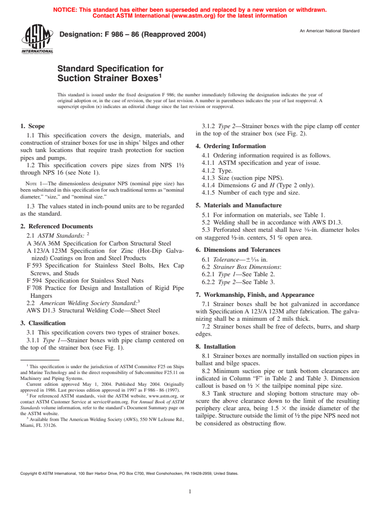 ASTM F986-86(2004) - Standard Specification for Suction Strainer Boxes