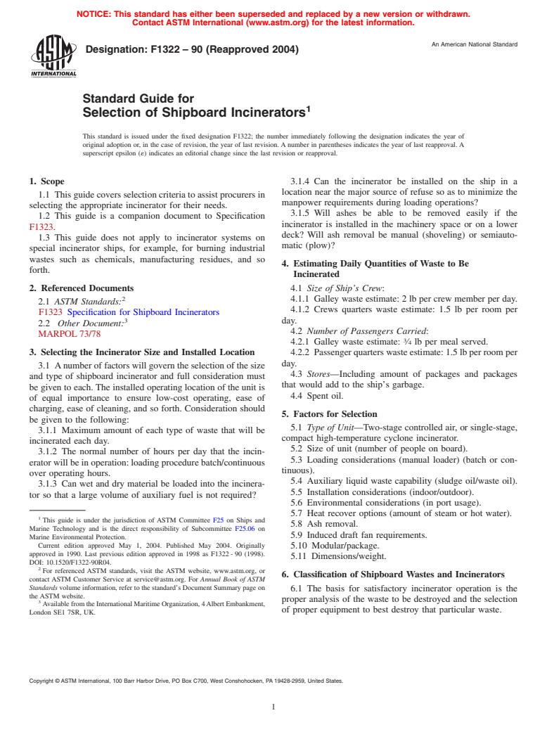 ASTM F1322-90(2004) - Standard Guide for Selection of Shipboard Incinerators