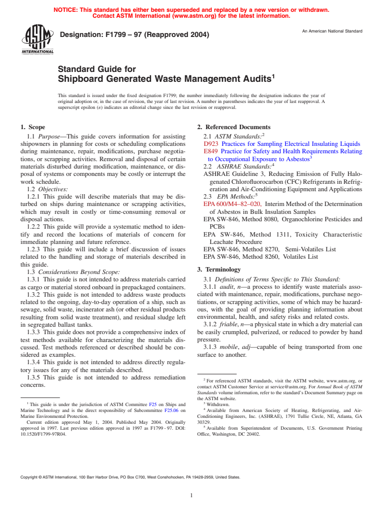 ASTM F1799-97(2004) - Standard Guide for Shipboard Generated Waste Management Audits