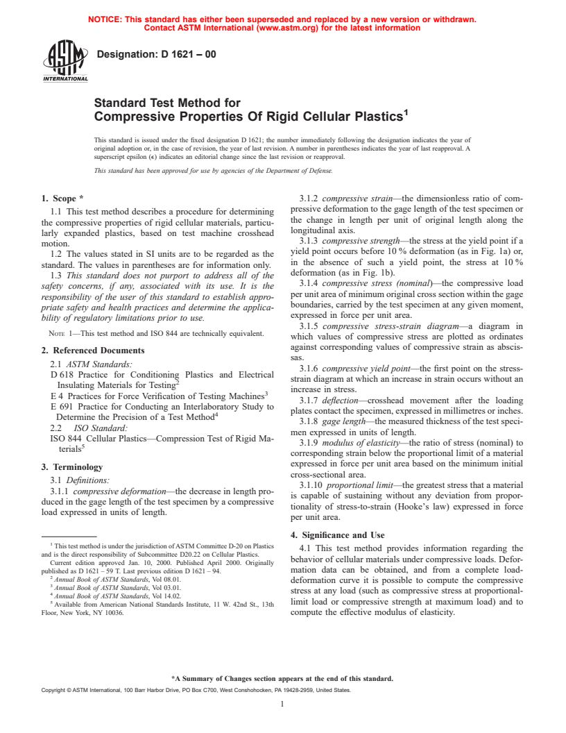 ASTM D1621-00 - Standard Test Method for Compressive Properties Of Rigid Cellular Plastics