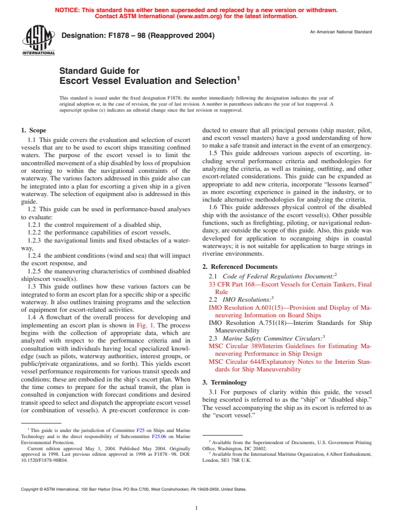 ASTM F1878-98(2004) - Standard Guide for Escort Vessel Evaluation and Selection