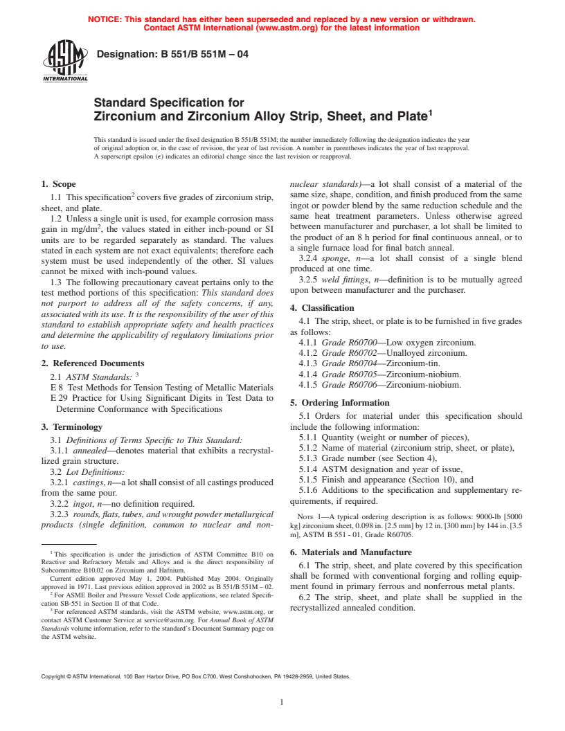 ASTM B551/B551M-04 - Standard Specification for Zirconium and Zirconium Alloy Strip, Sheet, and Plate