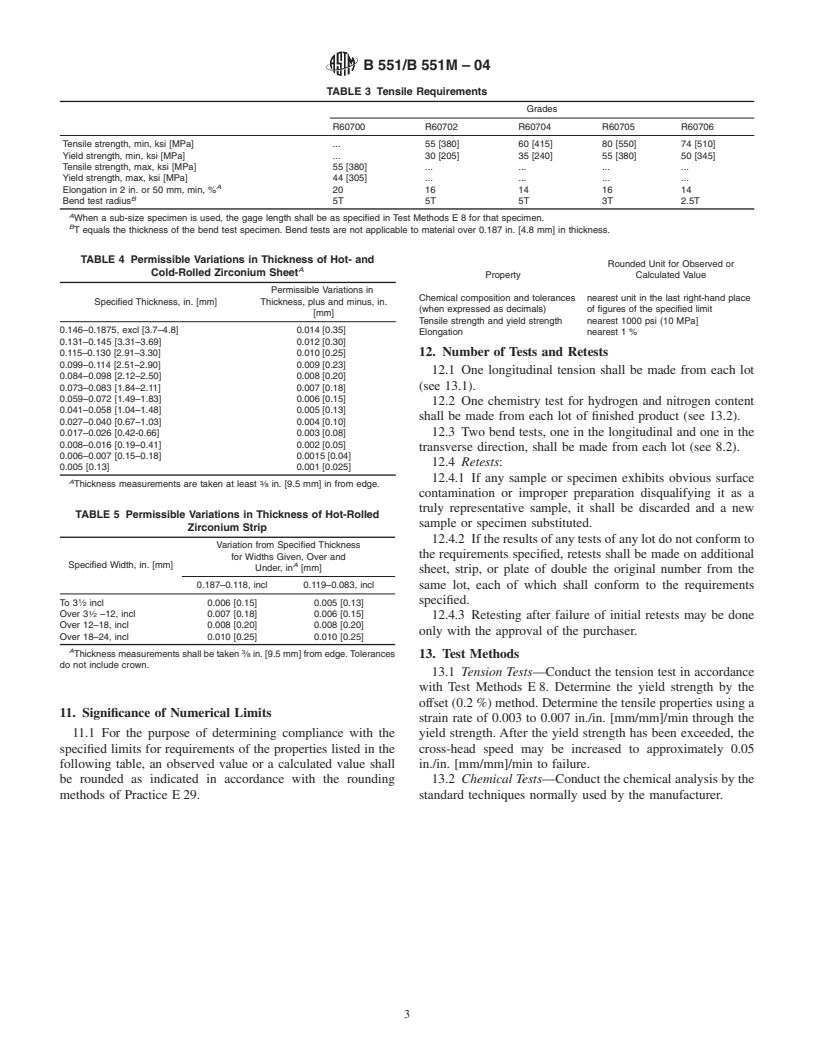 ASTM B551/B551M-04 - Standard Specification for Zirconium and Zirconium Alloy Strip, Sheet, and Plate