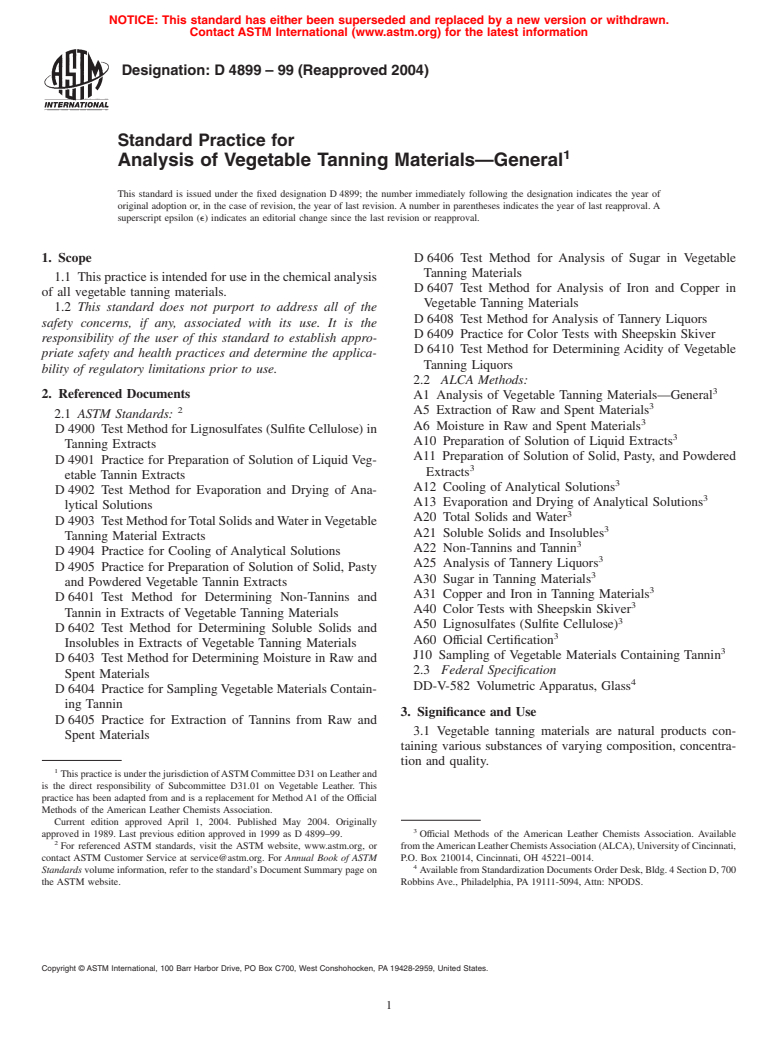 ASTM D4899-99(2004) - Standard Practice for Analysis of Vegetable Tanning Materials-General