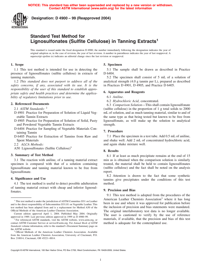 ASTM D4900-99(2004) - Standard Test Method for Lignosulfonates (Sulfite Cellulose) in Tanning Extracts