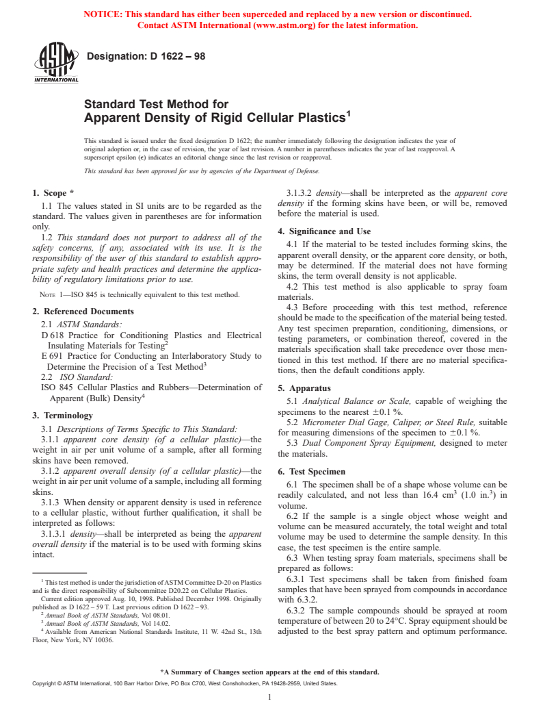 ASTM D1622-98 - Standard Test Method for Apparent Density of Rigid Cellular Plastics