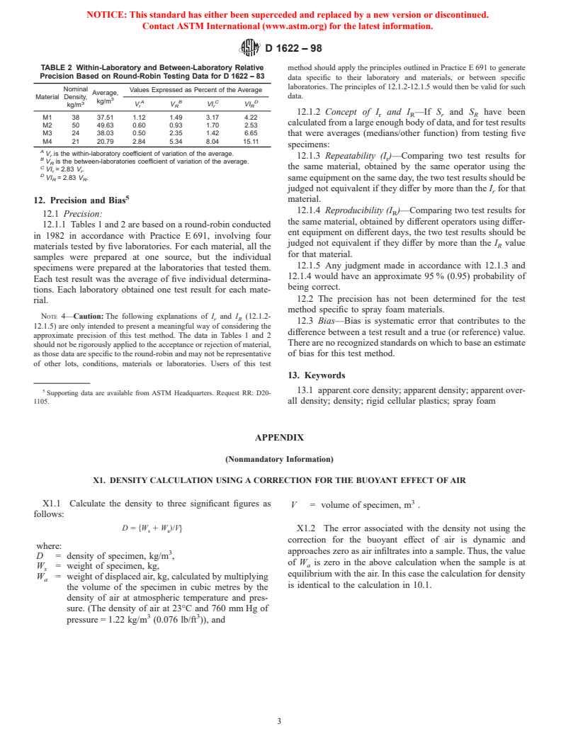 ASTM D1622-98 - Standard Test Method for Apparent Density of Rigid Cellular Plastics