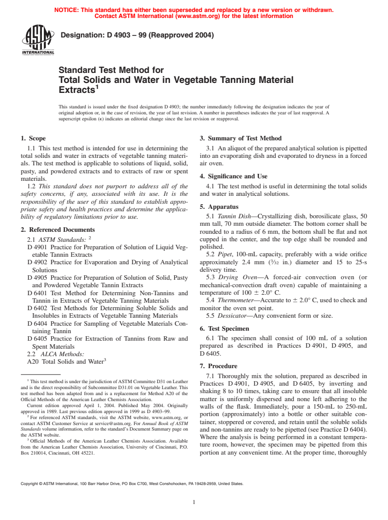 ASTM D4903-99(2004) - Standard Test Method for Total Solids and Water in Vegetable Tanning Material Extracts