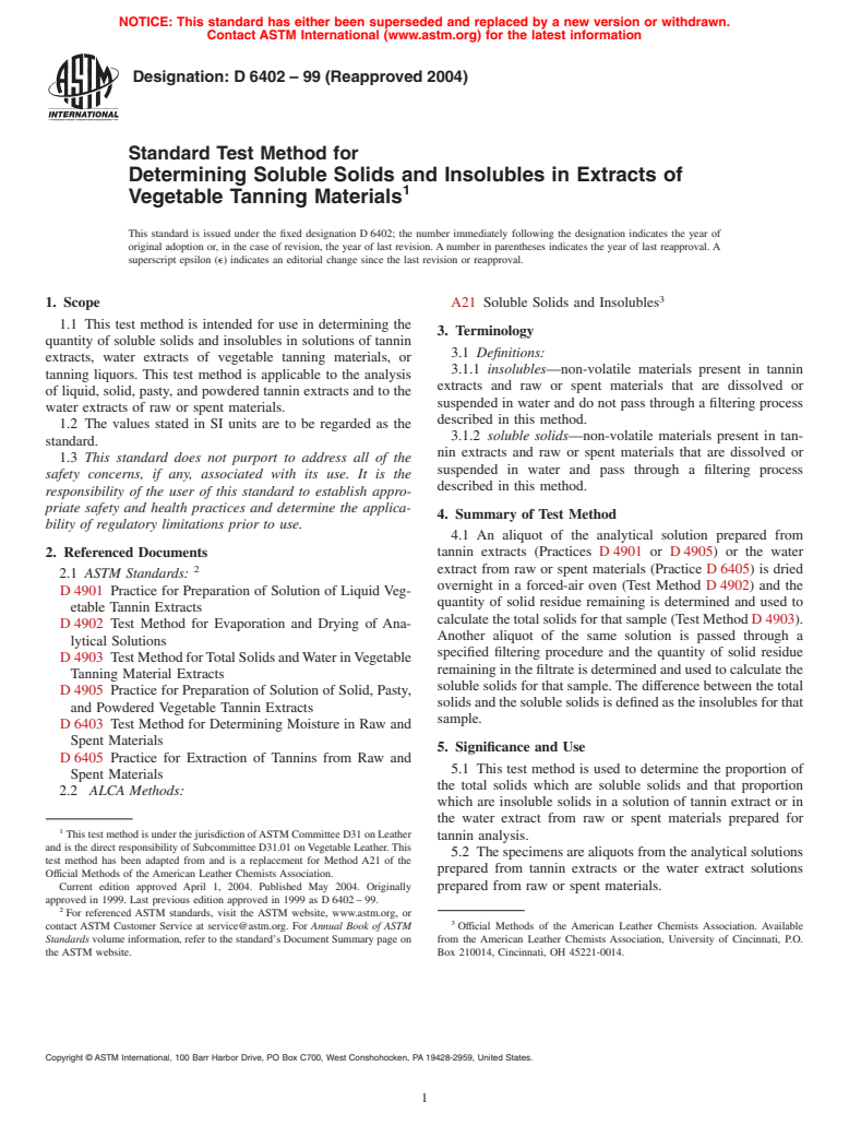 ASTM D6402-99(2004) - Standard Test Method for Determing Soluble Solids and Insolubles in Extracts of Vegetable Tanning Materials