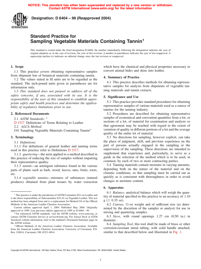 ASTM D6404-99(2004) - Standard Practice for Sampling Vegetable Materials Containing Tannin