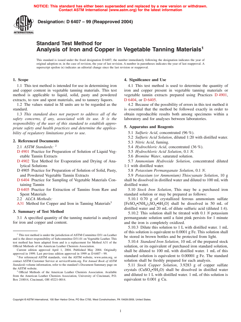 ASTM D6407-99(2004) - Standard Test Method for Analysis of Iron and Copper in Vegetable Tanning Materials