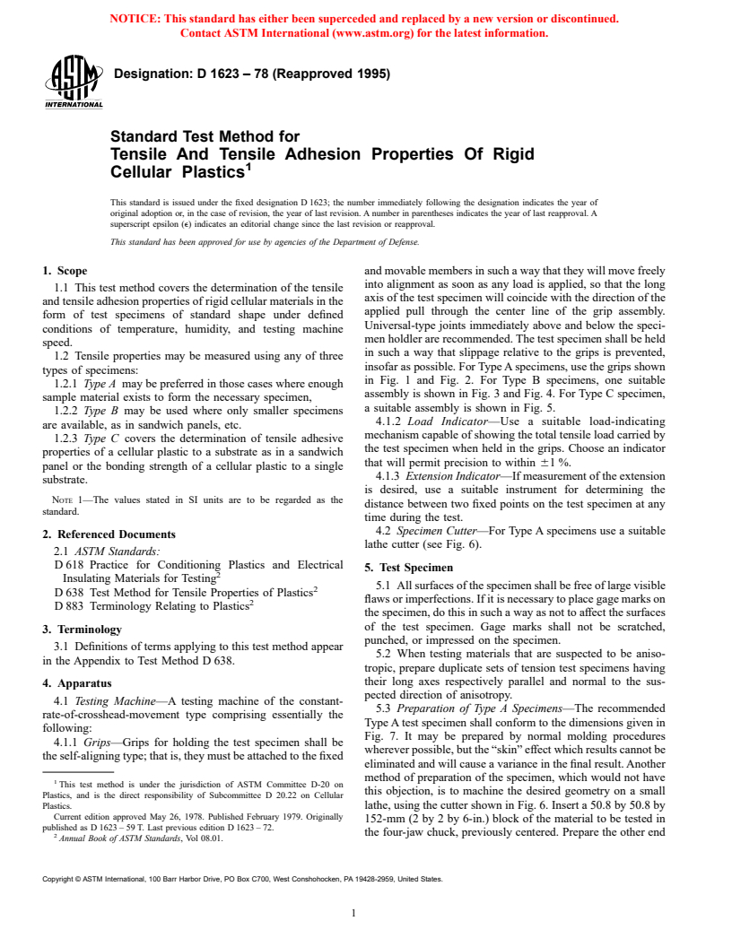ASTM D1623-78(1995) - Standard Test Method for Tensile And Tensile Adhesion Properties Of Rigid Cellular Plastics