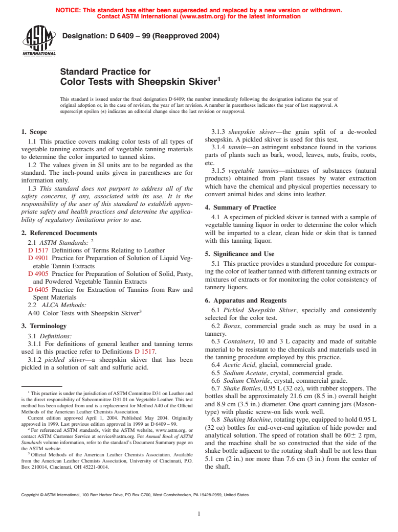 ASTM D6409-99(2004) - Standard Practice for Color Tests with Sheepskin Skiver