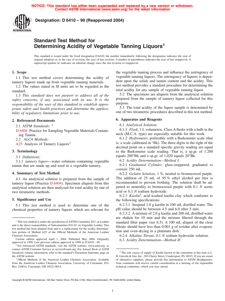ASTM D6410-99(2004) - Standard Test Method for Determining Acidity of Vegetable Tanning Liquors