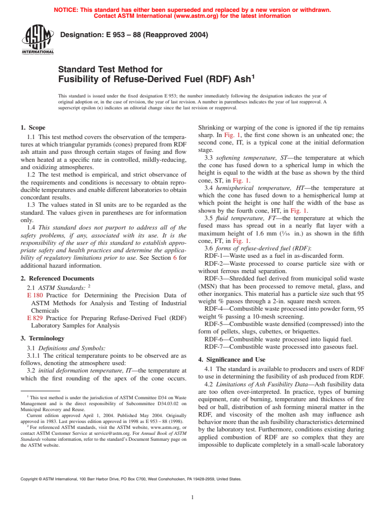 ASTM E953-88(2004) - Standard Test Method for Fusibility of Refuse-Derived Fuel (RDF) Ash