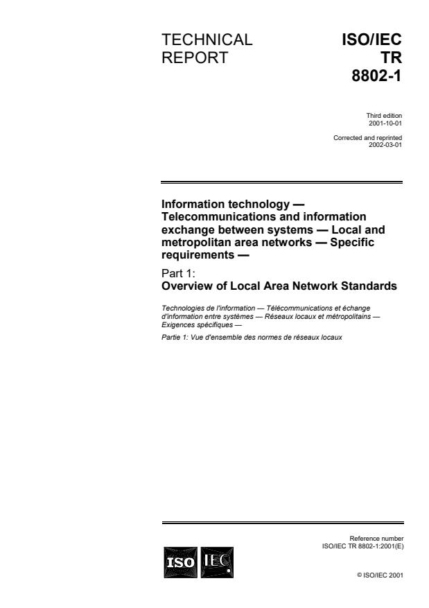 ISO/IEC TR 8802-1:2001 - Information technology -- Telecommunications and information exchange between systems -- Local and metropolitan area networks -- Specific requirements