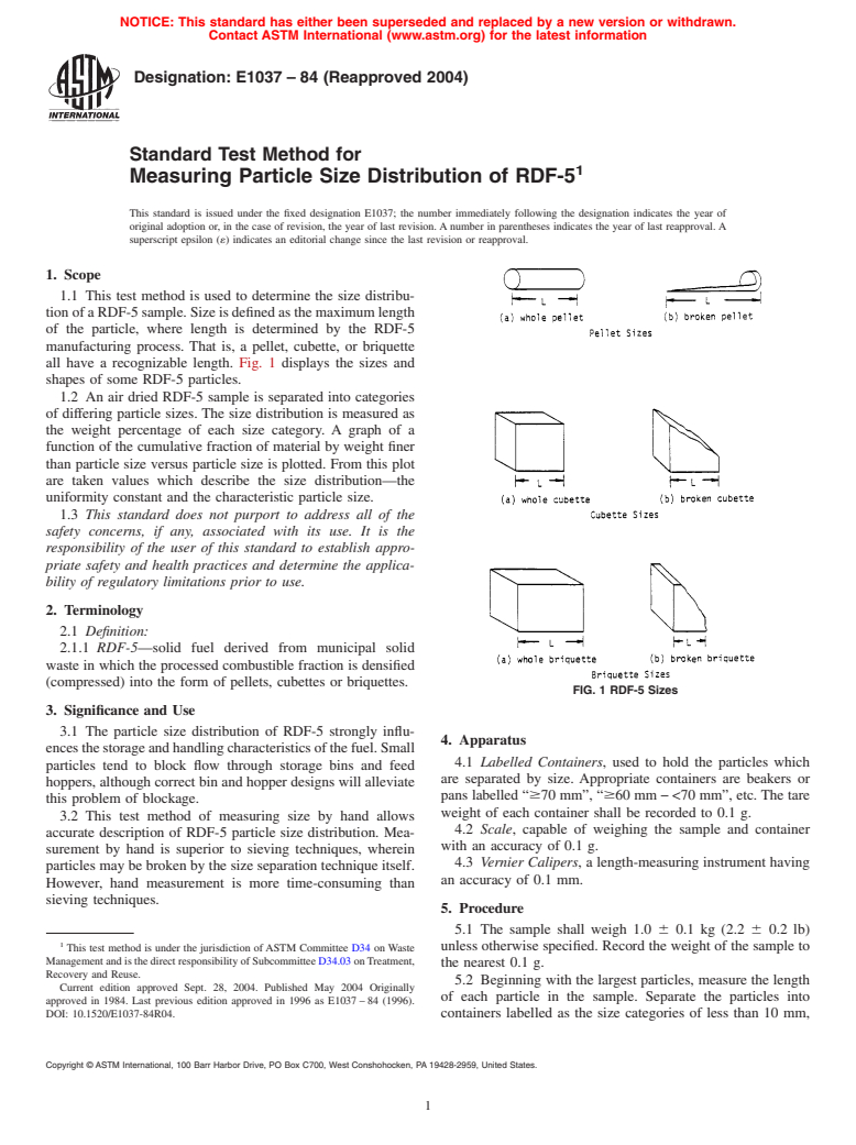 ASTM E1037-84(2004) - Standard Test Method for Measuring Particle Size Distribution of RDF-5