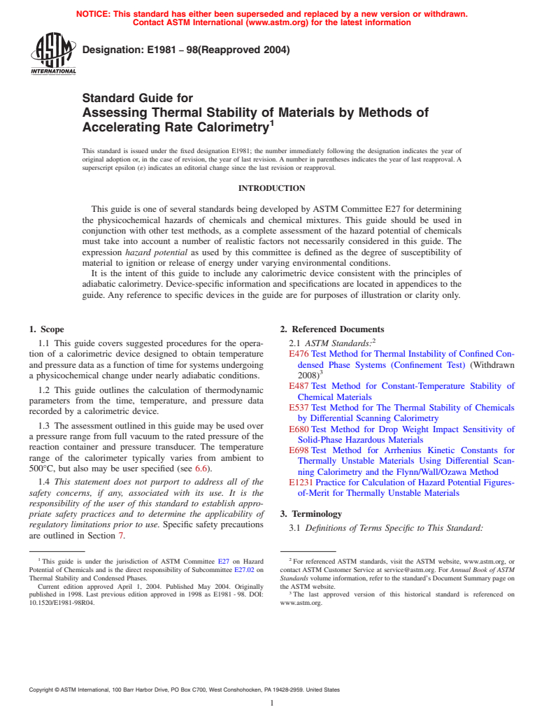 ASTM E1981-98(2004) - Standard Guide for Assessing the Thermal Stability of Materials by Methods of Accelerating Rate Calorimetry