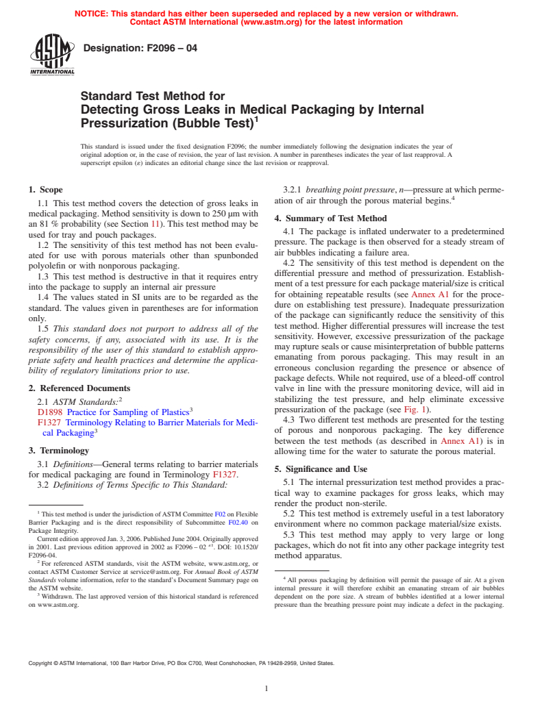 ASTM F2096-04 - Standard Test Method for Detecting Gross Leaks in Medical Packaging by Internal Pressurization (Bubble Test)