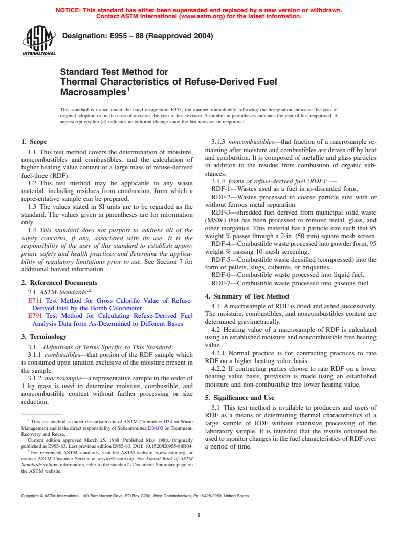 ASTM E955-88(2004) - Standard Test Method for Thermal Characteristics of Refuse-Derived Fuel Macrosamples