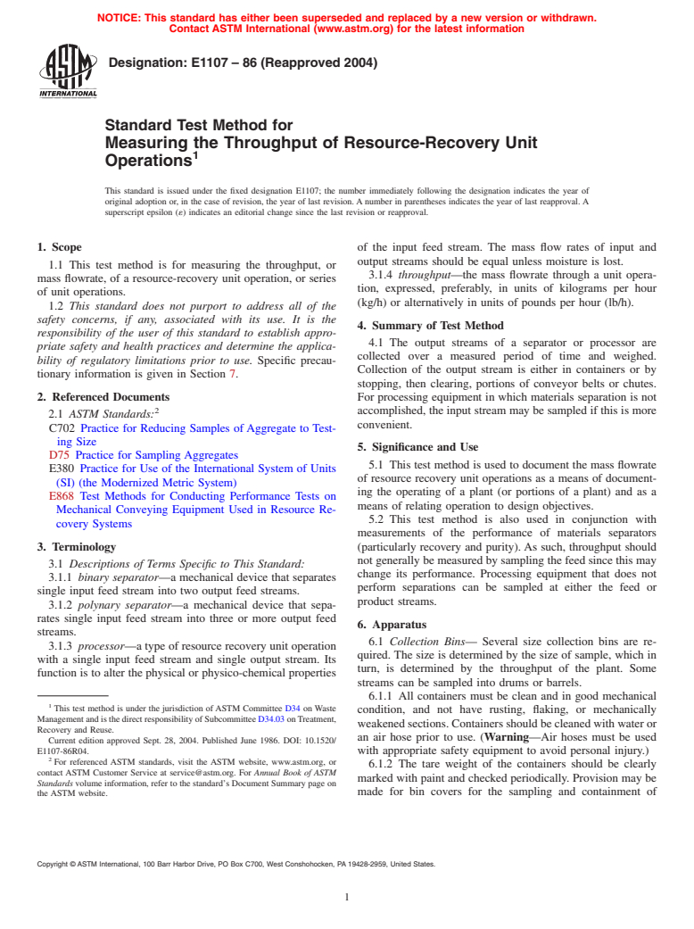 ASTM E1107-86(2004) - Standard Test Method for Measuring the Throughput of Resource-Recovery Unit Operations