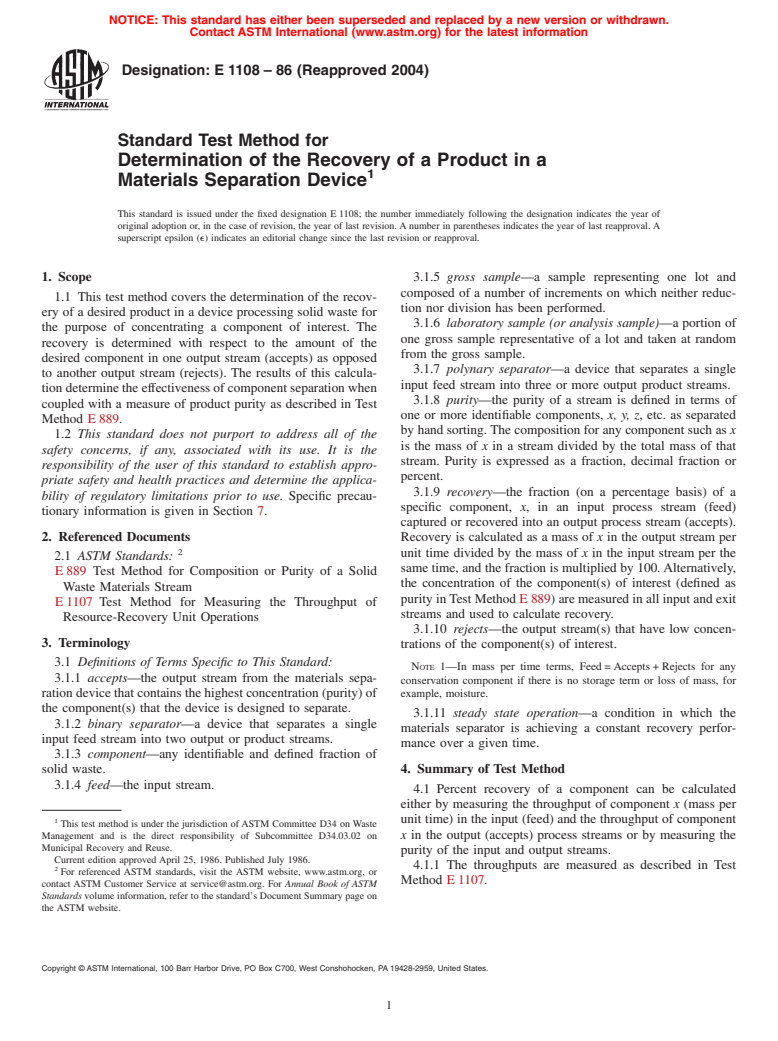 ASTM E1108-86(2004) - Standard Test Method for Determination of the Recovery of a Product in a Materials Separation Device