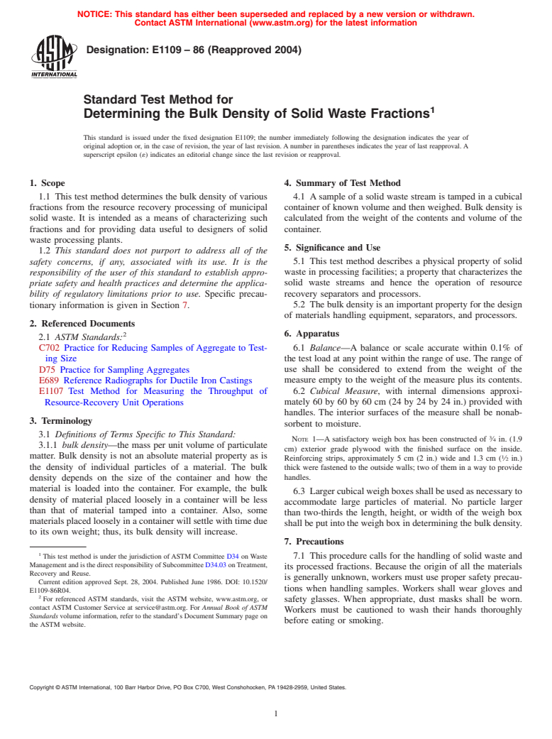 ASTM E1109-86(2004) - Standard Test Method for Determining the Bulk Density of Solid Waste Fractions