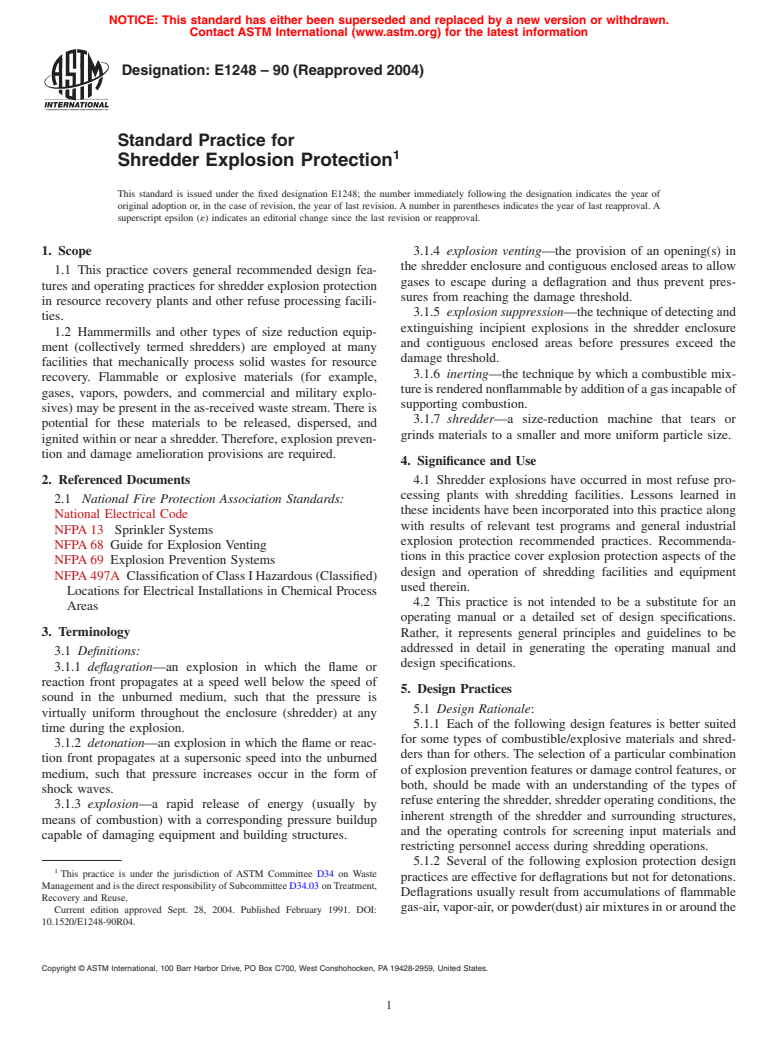 ASTM E1248-90(2004) - Standard Practice for Shredder Explosion Protection