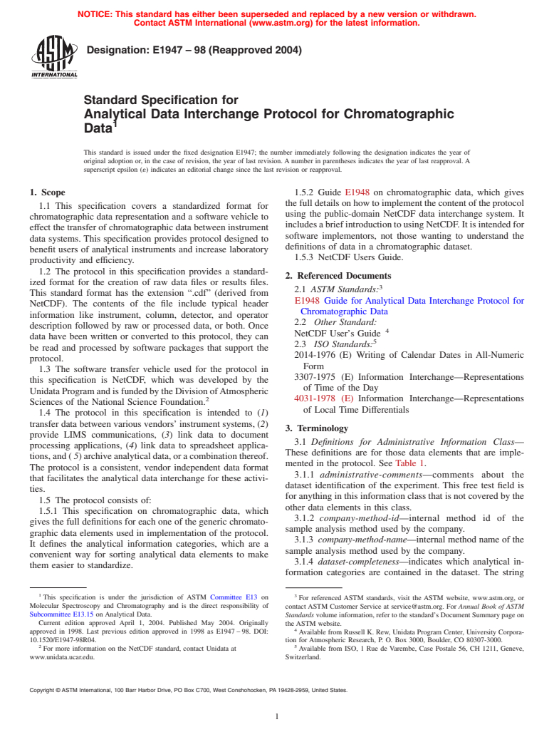 ASTM E1947-98(2004) - Standard Specification for Analytical Data Interchange Protocol for Chromatographic Data