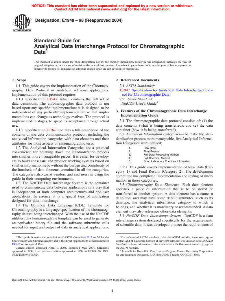 ASTM E1948-98(2004) - Standard Guide for Analytical Data Interchange Protocol for Chromatographic Data