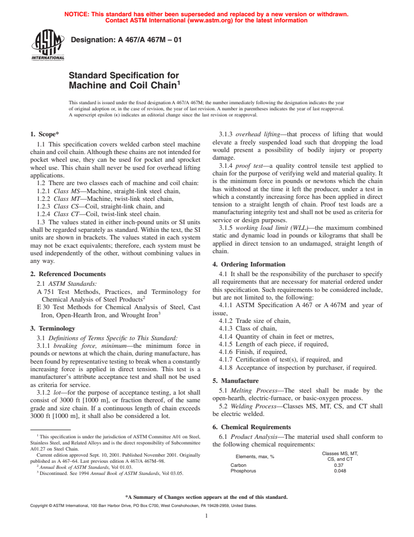 ASTM A467/A467M-01 - Standard Specification for Machine and Coil Chain