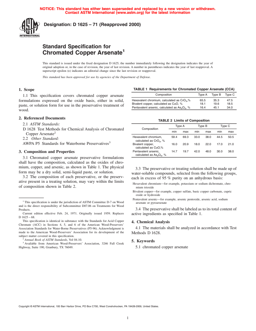 ASTM D1625-71(2000) - Standard Specification for Chromated Copper Arsenate (Withdrawn 2006)