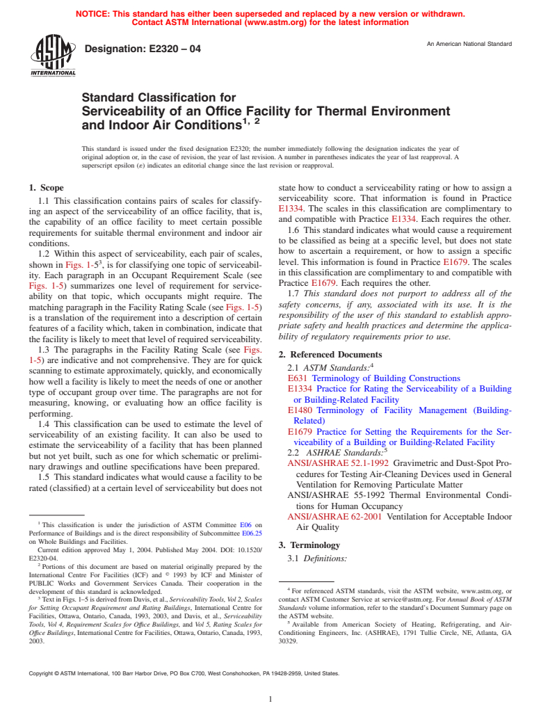 ASTM E2320-04 - Standard Classification for Serviceability of an Office Facility for Thermal Environment and Indoor Air Conditions