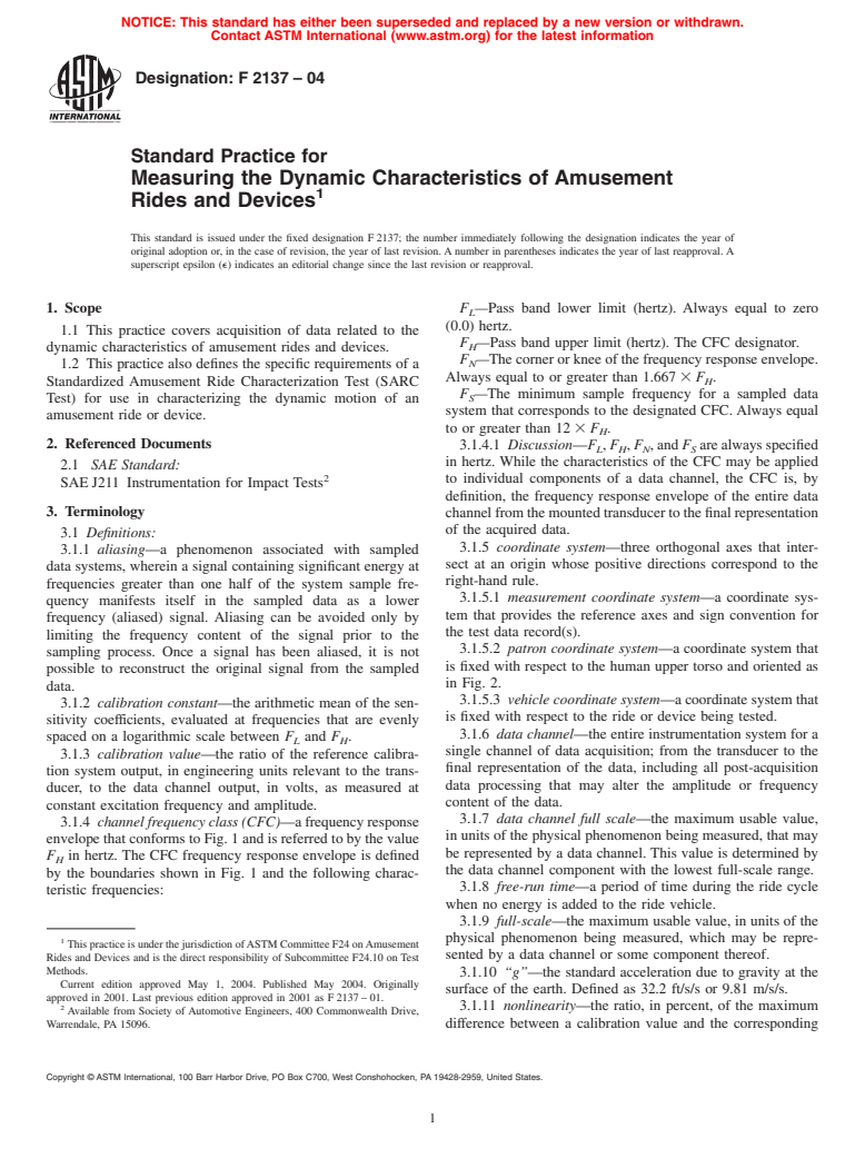 ASTM F2137-04 - Standard Practice for Measuring the Dynamic Characteristics of Amusement Rides and Devices