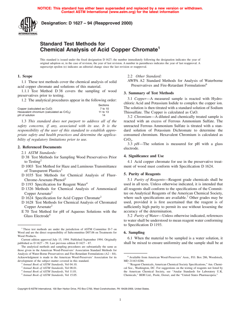 ASTM D1627-94(2000) - Standard Test Methods for Chemical Analysis of Acid Copper Chromate (Withdrawn 2006)