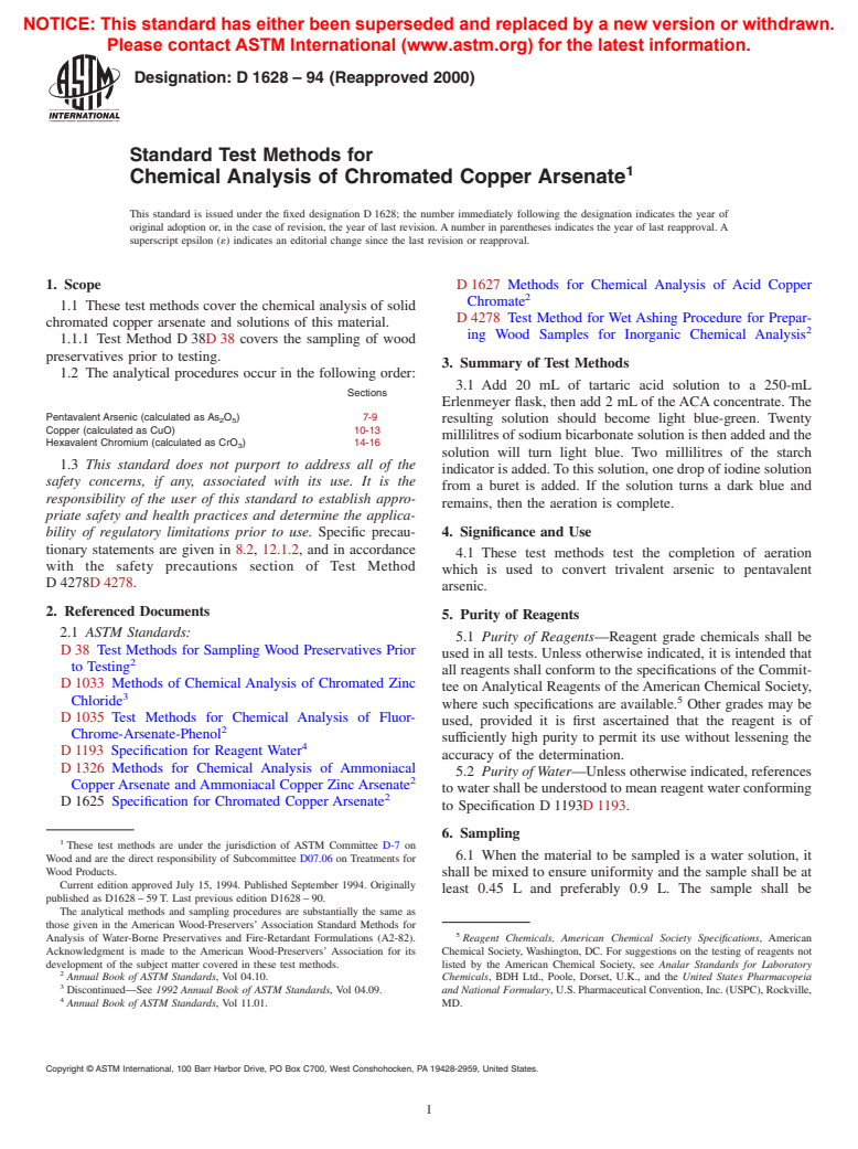 ASTM D1628-94(2000) - Standard Test Methods for Chemical Analysis of Chromated Copper Arsenate (Withdrawn 2006)