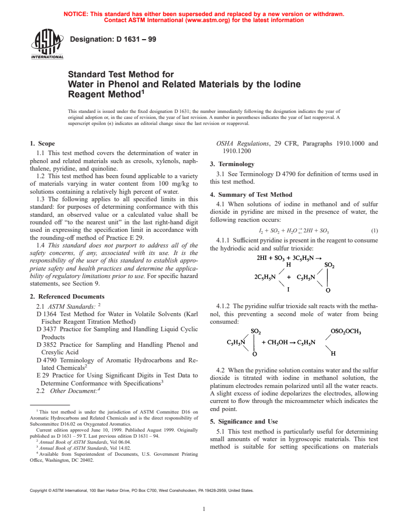 ASTM D1631-99 - Standard Test Method for Water in Phenol and Related Materials by the Iodine Reagent Method